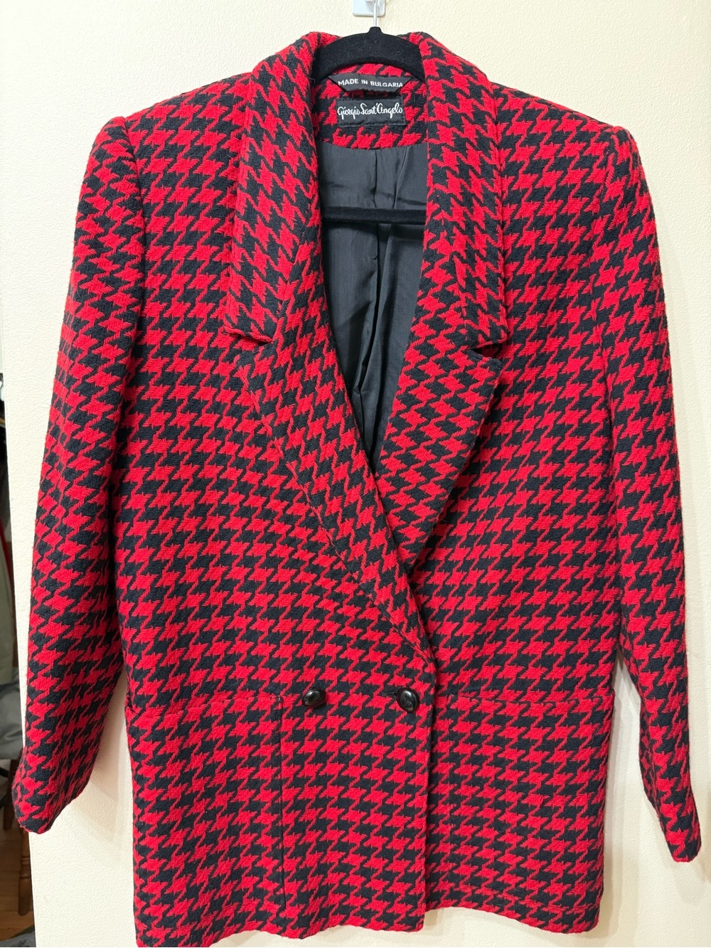 Vintage 100% Wool Red & Black Houndstooth Double Breasted Blazer Coat Retro Boho